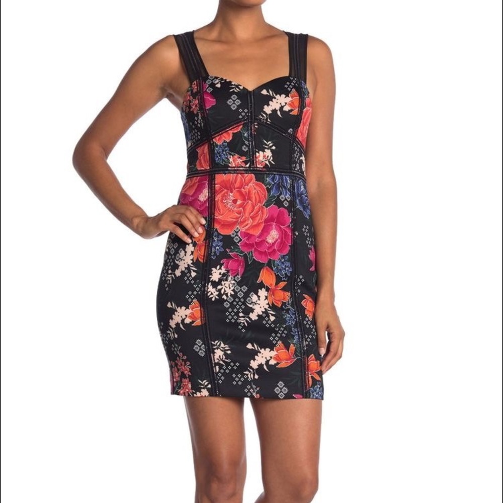 GUESS Floral Print Sweetheart Neck Dress